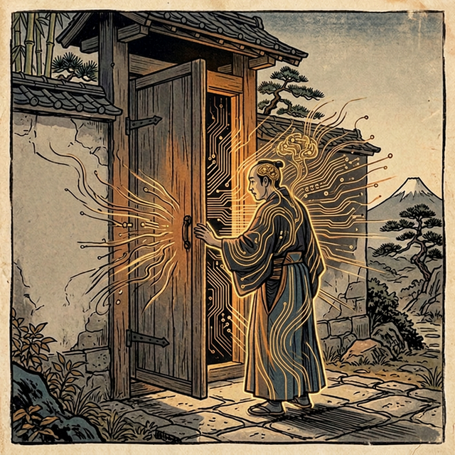 A figure at a door, circuits flowing in — the moment AI became a translator