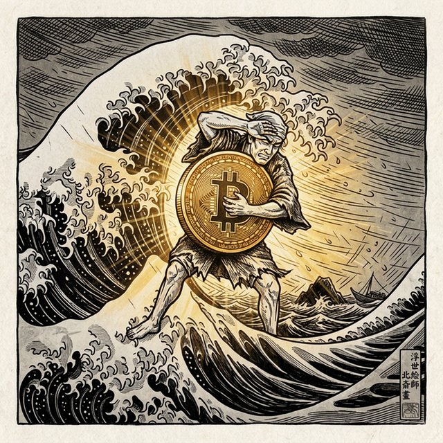 A figure clutches a glowing Bitcoin coin under a crashing Hokusai wave