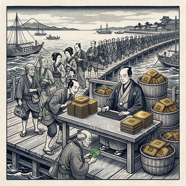 A calm chip merchant at a harbor dock with towers of golden semiconductor chips, a long queue of buyers holding green banknotes