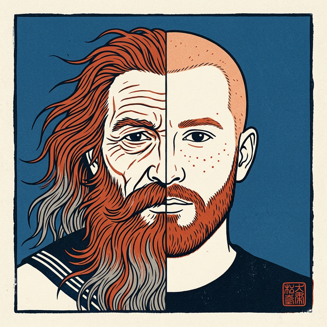 Two generations — a sailor and his descendant — rendered as a Hokusai woodblock print portrait.