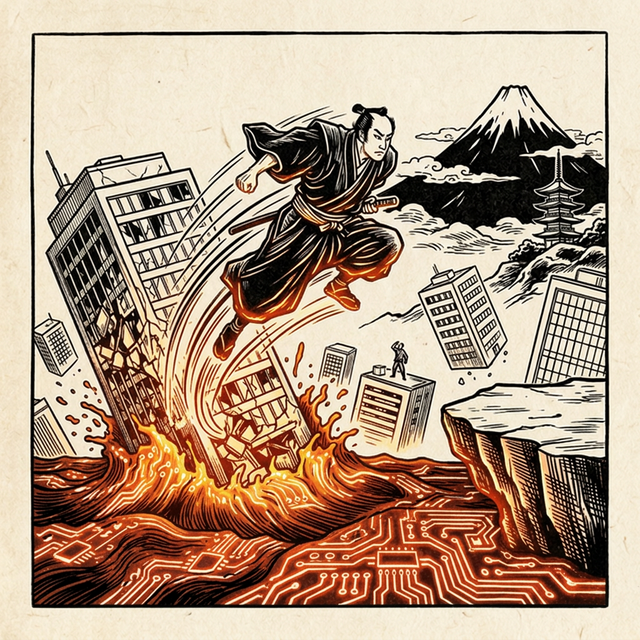The cost floor is collapsing — companies sinking into circuit-lava, some safe on mountains, a samurai jumping between fields