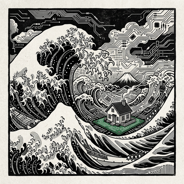 A traditional house enclosed in a cage of circuit board bars, the outside world lush, free and summery