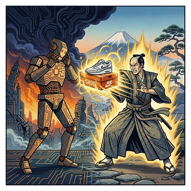 A robot hand and a human hand both holding the same phone — the interface between AI and human