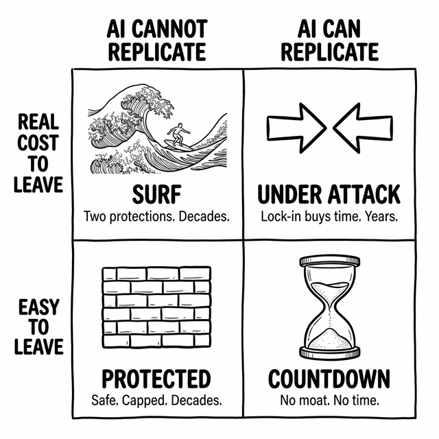 The AI Moat Matrix — two questions, four positions: Surf, Protected, Under Attack, Countdown