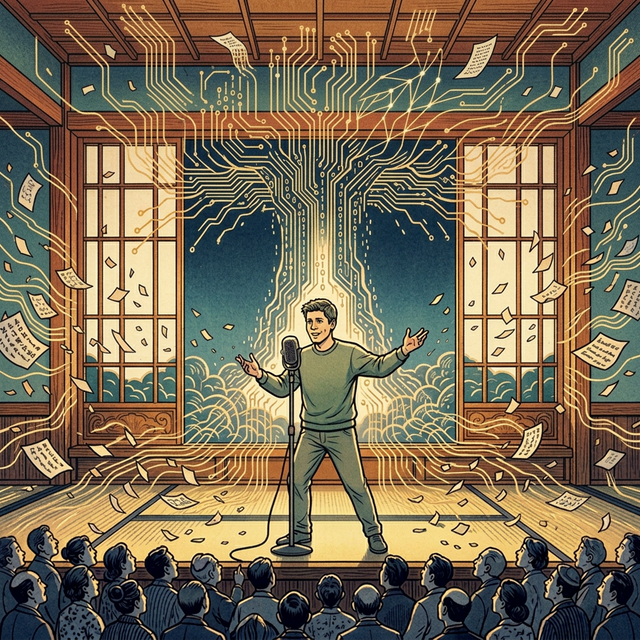 A confident figure at a microphone while circuit lines spread silently through the room