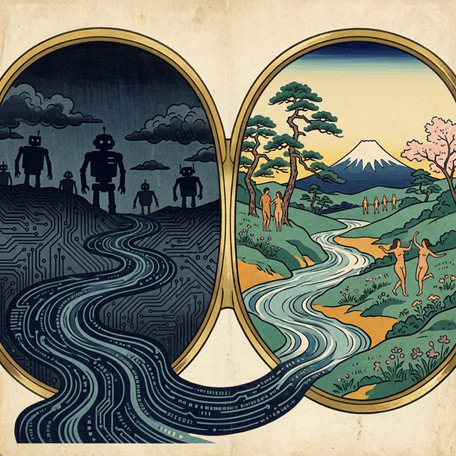 Two futures seen through binoculars — AI dawn and utopia — connected by one river